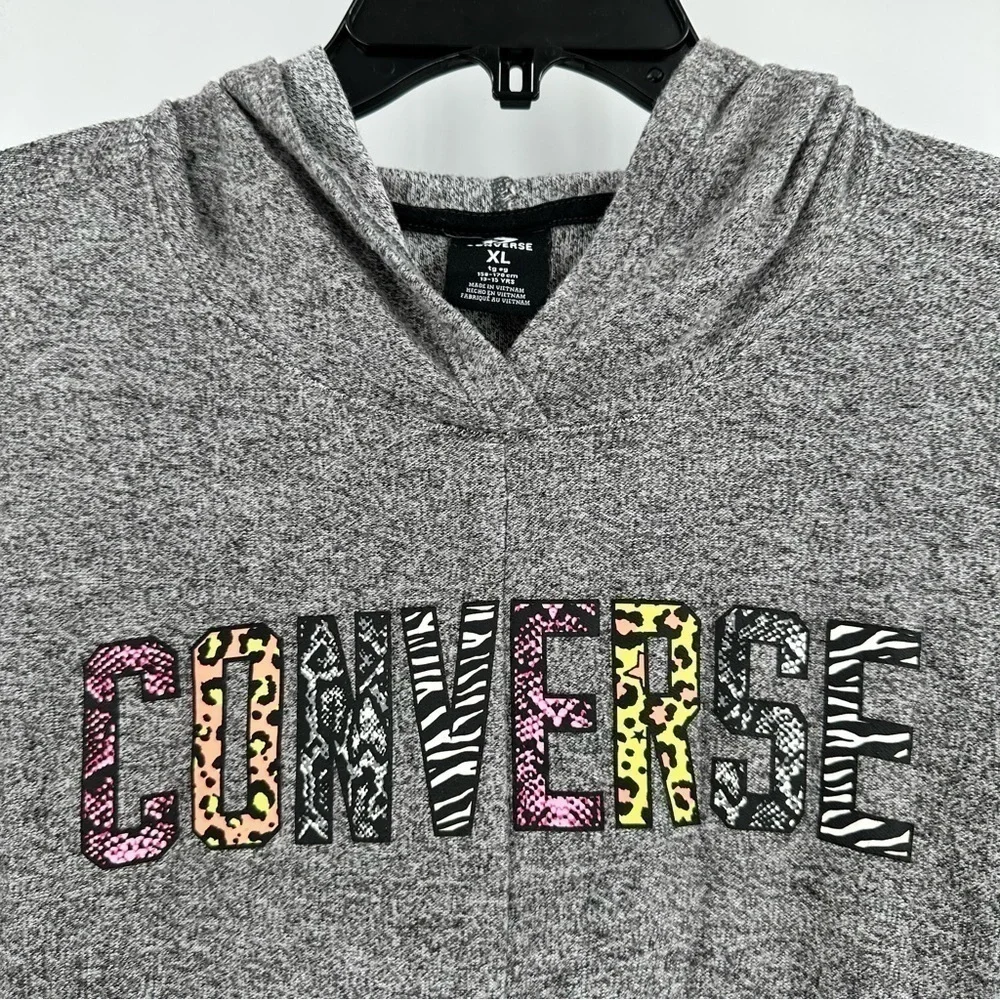 CONVERSE Girl’s Gray Soft Front-Tied Long Sleeve Hoodie Mixed Print Logo Size XL